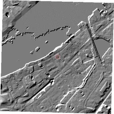 Shaded relief map of the ground around SE167RA, computed from Environment Agency LiDAR. The ground here sits at about 4 m above sea level and falls 22 m across the surrounding 800 m. Surface water reaching this point runs off ground lying to the north-west, 1.3 m higher.