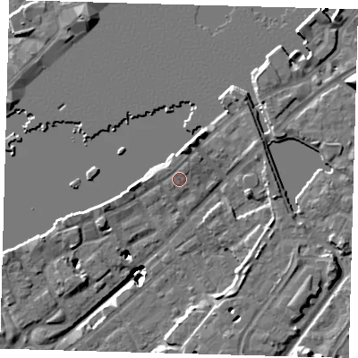 Shaded relief map of the ground around SE167RB, computed from Environment Agency LiDAR. The ground here sits at about 4 m above sea level and falls 20 m across the surrounding 800 m. Surface water reaching this point runs off ground lying to the north-north-east, 1.8 m higher.