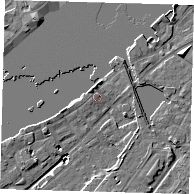 Shaded relief map of the ground around SE167RD, computed from Environment Agency LiDAR. The ground here sits at about 5 m above sea level and falls 20 m across the surrounding 800 m. Surface water reaching this point runs off ground lying to the north-north-west, 2.4 m higher.