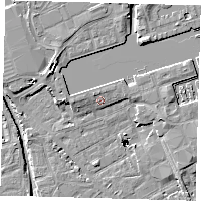 Shaded relief map of the ground around SE167RH, computed from Environment Agency LiDAR. The ground here sits at about 4 m above sea level and falls 48 m across the surrounding 800 m. Surface water reaching this point runs off ground lying to the north-west, 2.3 m higher.