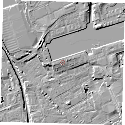 Shaded relief map of the ground around SE167RN, computed from Environment Agency LiDAR. The ground here sits at about 5 m above sea level and falls 48 m across the surrounding 800 m. Surface water reaching this point runs off ground lying to the west-south-west, 1.6 m higher.