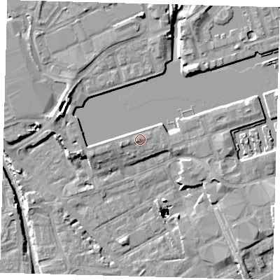 Shaded relief map of the ground around SE167RW, computed from Environment Agency LiDAR. The ground here sits at about 5 m above sea level and falls 48 m across the surrounding 800 m. Surface water reaching this point runs off ground lying to the west-south-west, 0.7 m higher.