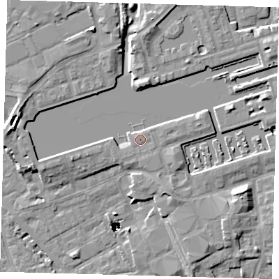 Shaded relief map of the ground around SE167SX, computed from Environment Agency LiDAR. The ground here sits at about 5 m above sea level and falls 48 m across the surrounding 800 m. Surface water reaching this point runs off ground lying to the south-south-east, 0.6 m higher.