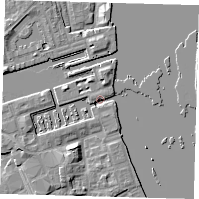 Shaded relief map of the ground around SE167SZ, computed from Environment Agency LiDAR. The ground here sits at about 4 m above sea level and falls 8 m across the surrounding 800 m. Surface water reaching this point runs off ground lying to the south-east, 6.3 m higher.