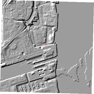 Shaded relief map of the ground around SE167TA, computed from Environment Agency LiDAR. The ground here sits at about 5 m above sea level and falls 9 m across the surrounding 800 m. Surface water reaching this point runs off ground lying to the north-east, 4.8 m higher.