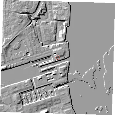 Shaded relief map of the ground around SE167TB, computed from Environment Agency LiDAR. The ground here sits at about 6 m above sea level and falls 8 m across the surrounding 800 m. Surface water reaching this point runs off ground lying to the south-south-east, 7.3 m higher.