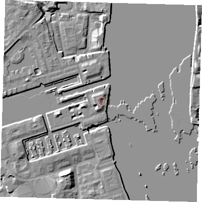 Shaded relief map of the ground around SE167TD, computed from Environment Agency LiDAR. The ground here sits at about 6 m above sea level and falls 8 m across the surrounding 800 m. Surface water reaching this point runs off ground lying to the west-north-west, 2.3 m higher.
