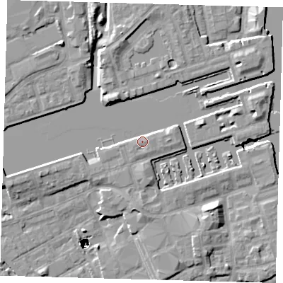 Shaded relief map of the ground around SE167TE, computed from Environment Agency LiDAR. The ground here sits at about 5 m above sea level and falls 47 m across the surrounding 800 m. Surface water reaching this point runs off ground lying to the east, 2.3 m higher.