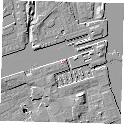 Shaded relief map of the ground around SE167TF, computed from Environment Agency LiDAR. The ground here sits at about 5 m above sea level and falls 47 m across the surrounding 800 m. Surface water reaching this point runs off ground lying to the south, 0.6 m higher.