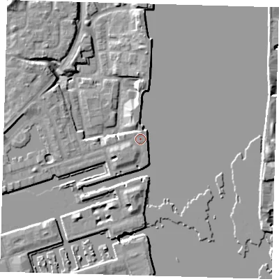 Shaded relief map of the ground around SE167TH, computed from Environment Agency LiDAR. The ground here sits at about 5 m above sea level and falls 9 m across the surrounding 800 m. Surface water reaching this point runs off ground lying to the south, 7.3 m higher.