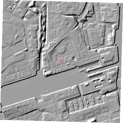 Shaded relief map of the ground around SE167TP, computed from Environment Agency LiDAR. The ground here sits at about 5 m above sea level and falls 9 m across the surrounding 800 m. Surface water reaching this point runs off ground lying to the south-west, 2.3 m higher.