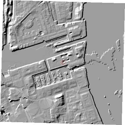Shaded relief map of the ground around SE167TQ, computed from Environment Agency LiDAR. The ground here sits at about 5 m above sea level and falls 47 m across the surrounding 800 m. Surface water reaching this point runs off ground lying to the north-east, 3.5 m higher.
