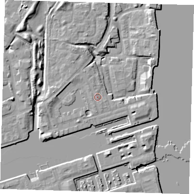 Shaded relief map of the ground around SE167TR, computed from Environment Agency LiDAR. The ground here sits at about 6 m above sea level and falls 9 m across the surrounding 800 m. Surface water reaching this point runs off ground lying to the north-north-west, 1.1 m higher.