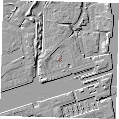 Shaded relief map of the ground around SE167TS, computed from Environment Agency LiDAR. The ground here sits at about 5 m above sea level and falls 9 m across the surrounding 800 m. Surface water reaching this point runs off ground lying to the west-south-west, 2.7 m higher.