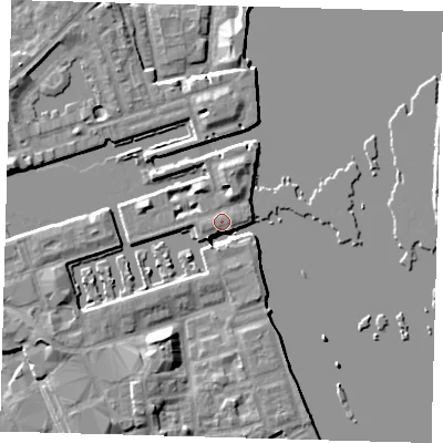 Shaded relief map of the ground around SE167TY, computed from Environment Agency LiDAR. The ground here sits at about 5 m above sea level and falls 8 m across the surrounding 800 m. Surface water reaching this point runs off ground lying to the south-east, 6.3 m higher.
