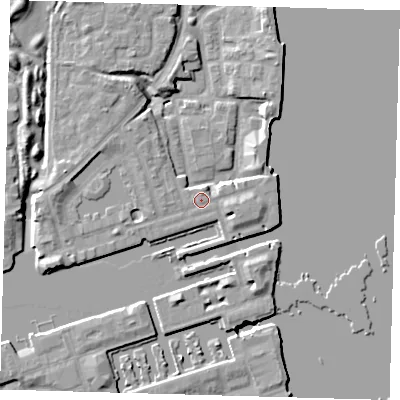 Shaded relief map of the ground around SE167UA, computed from Environment Agency LiDAR. The ground here sits at about 5 m above sea level and falls 9 m across the surrounding 800 m. Surface water reaching this point runs off ground lying to the west, 3.6 m higher.