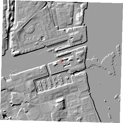 Shaded relief map of the ground around SE167UF, computed from Environment Agency LiDAR. The ground here sits at about 5 m above sea level and falls 47 m across the surrounding 800 m. Surface water reaching this point runs off ground lying to the east-north-east, 3.5 m higher.