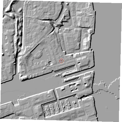 Shaded relief map of the ground around SE167UP, computed from Environment Agency LiDAR. The ground here sits at about 5 m above sea level and falls 9 m across the surrounding 800 m. Surface water reaching this point runs off ground lying to the west, 3.6 m higher.