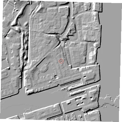 Shaded relief map of the ground around SE167UR, computed from Environment Agency LiDAR. The ground here sits at about 5 m above sea level and falls 11 m across the surrounding 800 m. Surface water reaching this point runs off ground lying to the south, 1.1 m higher.