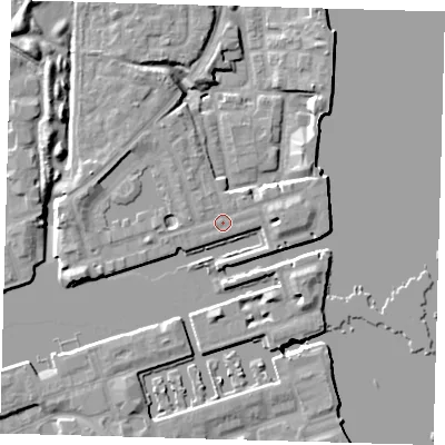 Shaded relief map of the ground around SE167UT, computed from Environment Agency LiDAR. The ground here sits at about 5 m above sea level and falls 9 m across the surrounding 800 m. Surface water reaching this point runs off ground lying to the west-north-west, 3.6 m higher.