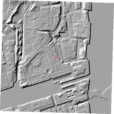 Shaded relief map of the ground around SE167UW, computed from Environment Agency LiDAR. The ground here sits at about 5 m above sea level and falls 10 m across the surrounding 800 m. Surface water reaching this point runs off ground lying to the south-west, 2.7 m higher.
