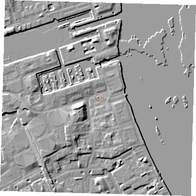 Shaded relief map of the ground around SE167UX, computed from Environment Agency LiDAR. The ground here sits at about 4 m above sea level and falls 8 m across the surrounding 800 m. Surface water reaching this point runs off ground lying to the west-south-west, 4.7 m higher.