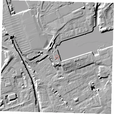 Shaded relief map of the ground around SE167WB, computed from Environment Agency LiDAR. The ground here sits at about 5 m above sea level and falls 48 m across the surrounding 800 m. Surface water reaching this point runs off ground lying to the east, 2.3 m higher.
