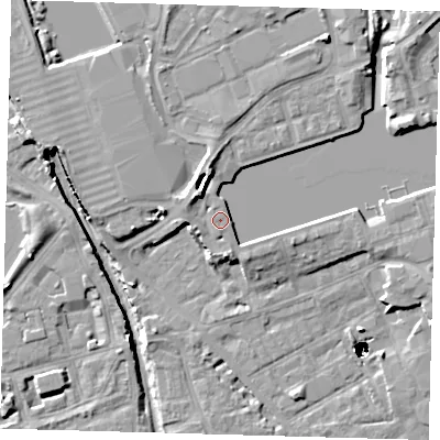 Shaded relief map of the ground around SE167WD, computed from Environment Agency LiDAR. The ground here sits at about 5 m above sea level and falls 48 m across the surrounding 800 m. Surface water reaching this point runs off ground lying to the east-south-east, 2.3 m higher.
