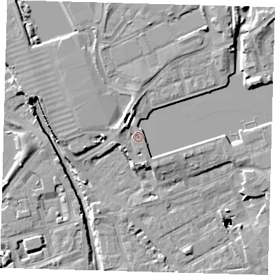 Shaded relief map of the ground around SE167WE, computed from Environment Agency LiDAR. The ground here sits at about 5 m above sea level and falls 48 m across the surrounding 800 m. Surface water reaching this point runs off ground lying to the east-south-east, 2.3 m higher.