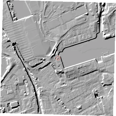 Shaded relief map of the ground around SE167WF, computed from Environment Agency LiDAR. The ground here sits at about 5 m above sea level and falls 48 m across the surrounding 800 m. Surface water reaching this point runs off ground lying to the east-south-east, 2.3 m higher.