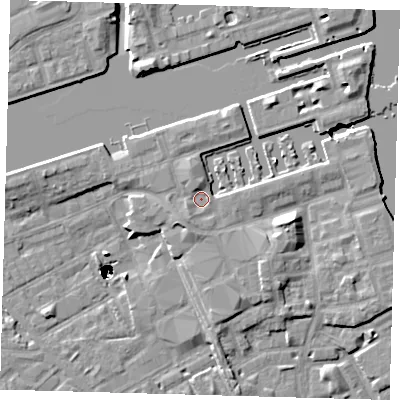 Shaded relief map of the ground around SE167WJ, computed from Environment Agency LiDAR. The ground here sits at about 5 m above sea level and falls 47 m across the surrounding 800 m. Surface water reaching this point runs off ground lying to the north-north-west, 1.9 m higher.