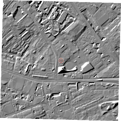 Shaded relief map of the ground around SE16AF, computed from Environment Agency LiDAR. The ground here sits at about 3 m above sea level and falls 10 m across the surrounding 800 m. Surface water reaching this point runs off ground lying to the north, 1.0 m higher.