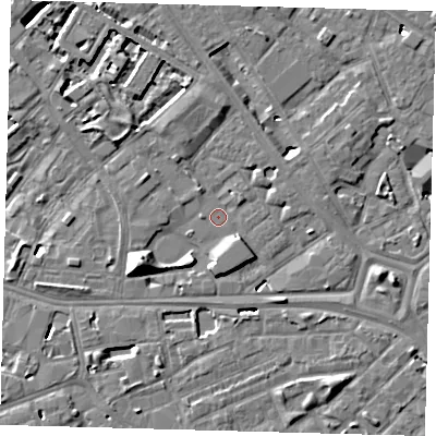 Shaded relief map of the ground around SE16AG, computed from Environment Agency LiDAR. The ground here sits at about 3 m above sea level and falls 10 m across the surrounding 800 m. Surface water reaching this point runs off ground lying to the north, 2.3 m higher.