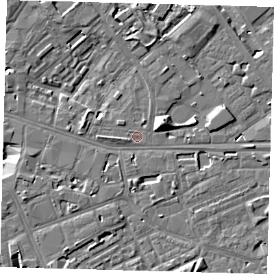 Shaded relief map of the ground around SE16AH, computed from Environment Agency LiDAR. The ground here sits at about 2 m above sea level and falls 13 m across the surrounding 800 m. Surface water reaching this point runs off ground lying to the east, 5.1 m higher.