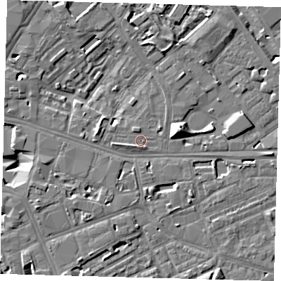Shaded relief map of the ground around SE16AJ, computed from Environment Agency LiDAR. The ground here sits at about 2 m above sea level and falls 13 m across the surrounding 800 m. Surface water reaching this point runs off ground lying to the west-south-west, 1.4 m higher.