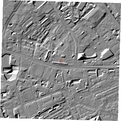 Shaded relief map of the ground around SE16AL, computed from Environment Agency LiDAR. The ground here sits at about 2 m above sea level and falls 13 m across the surrounding 800 m. Surface water reaching this point runs off ground lying to the south-south-west, 1.4 m higher.