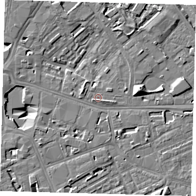 Shaded relief map of the ground around SE16AN, computed from Environment Agency LiDAR. The ground here sits at about 2 m above sea level and falls 13 m across the surrounding 800 m. Surface water reaching this point runs off ground lying to the south-west, 5.8 m higher.