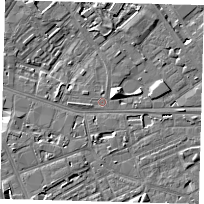 Shaded relief map of the ground around SE16AQ, computed from Environment Agency LiDAR. The ground here sits at about 2 m above sea level and falls 12 m across the surrounding 800 m. Surface water reaching this point runs off ground lying to the north, 6.1 m higher.