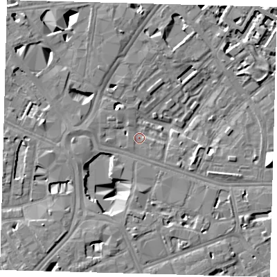 Shaded relief map of the ground around SE16AT, computed from Environment Agency LiDAR. The ground here sits at about 3 m above sea level and falls 13 m across the surrounding 800 m. Surface water reaching this point runs off ground lying to the south-west, 8.9 m higher.