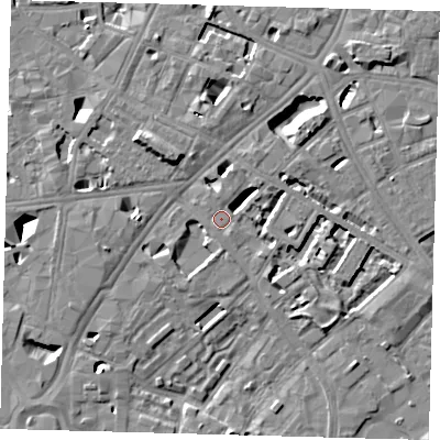 Shaded relief map of the ground around SE16AW, computed from Environment Agency LiDAR. The ground here sits at about 4 m above sea level and falls 11 m across the surrounding 800 m. Surface water reaching this point runs off ground lying to the north, 0.9 m higher.