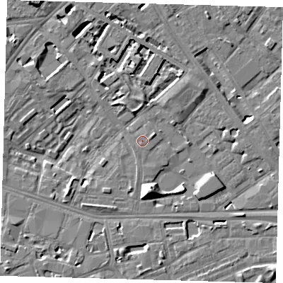 Shaded relief map of the ground around SE16AY, computed from Environment Agency LiDAR. The ground here sits at about 3 m above sea level and falls 10 m across the surrounding 800 m. Surface water reaching this point runs off ground lying to the east-north-east, 1.5 m higher.
