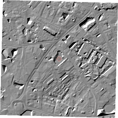 Shaded relief map of the ground around SE16AZ, computed from Environment Agency LiDAR. The ground here sits at about 2 m above sea level and falls 13 m across the surrounding 800 m. Surface water reaching this point runs off ground lying to the east-south-east, 2.4 m higher.