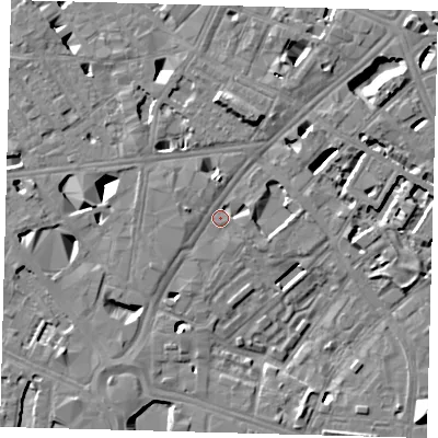 Shaded relief map of the ground around SE16BD, computed from Environment Agency LiDAR. The ground here sits at about 3 m above sea level and falls 13 m across the surrounding 800 m. Surface water reaching this point runs off ground lying to the north-north-east, 7.4 m higher.