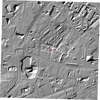 Shaded relief map of the ground around SE16BF, computed from Environment Agency LiDAR. The ground here sits at about 2 m above sea level and falls 13 m across the surrounding 800 m. Surface water reaching this point runs off ground lying to the south-west, 8.9 m higher.