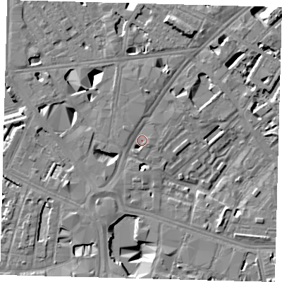 Shaded relief map of the ground around SE16BN, computed from Environment Agency LiDAR. The ground here sits at about 3 m above sea level and falls 12 m across the surrounding 800 m. Surface water reaching this point runs off ground lying to the north-north-east, 7.5 m higher.