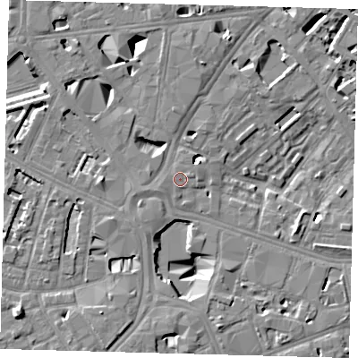 Shaded relief map of the ground around SE16BT, computed from Environment Agency LiDAR. The ground here sits at about 3 m above sea level and falls 10 m across the surrounding 800 m. Surface water reaching this point runs off ground lying to the west-south-west, 0.7 m higher.