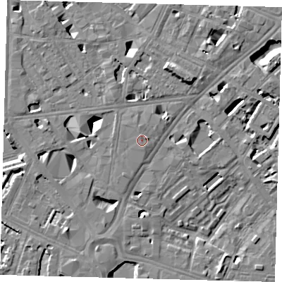 Shaded relief map of the ground around SE16DD, computed from Environment Agency LiDAR. The ground here sits at about 4 m above sea level and falls 11 m across the surrounding 800 m. Surface water reaching this point runs off ground lying to the east-north-east, 1.1 m higher.