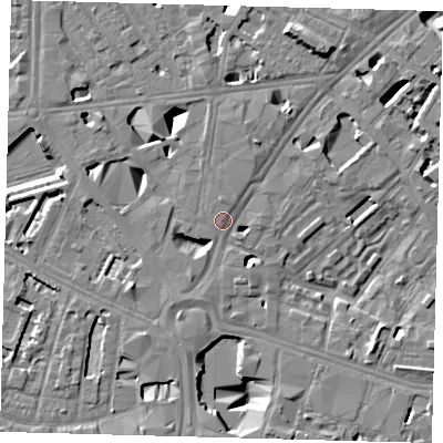 Shaded relief map of the ground around SE16DE, computed from Environment Agency LiDAR. The ground here sits at about 3 m above sea level and falls 12 m across the surrounding 800 m. Surface water reaching this point runs off ground lying to the north-north-east, 11.3 m higher.
