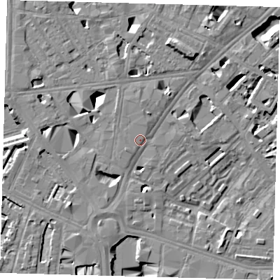 Shaded relief map of the ground around SE16DF, computed from Environment Agency LiDAR. The ground here sits at about 3 m above sea level and falls 11 m across the surrounding 800 m. Surface water reaching this point runs off ground lying to the north-north-east, 5.9 m higher.