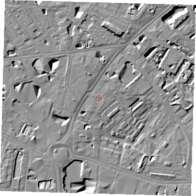 Shaded relief map of the ground around SE16DH, computed from Environment Agency LiDAR. The ground here sits at about 3 m above sea level and falls 12 m across the surrounding 800 m. The ground contributing surface water to this point lies to the east-north-east.